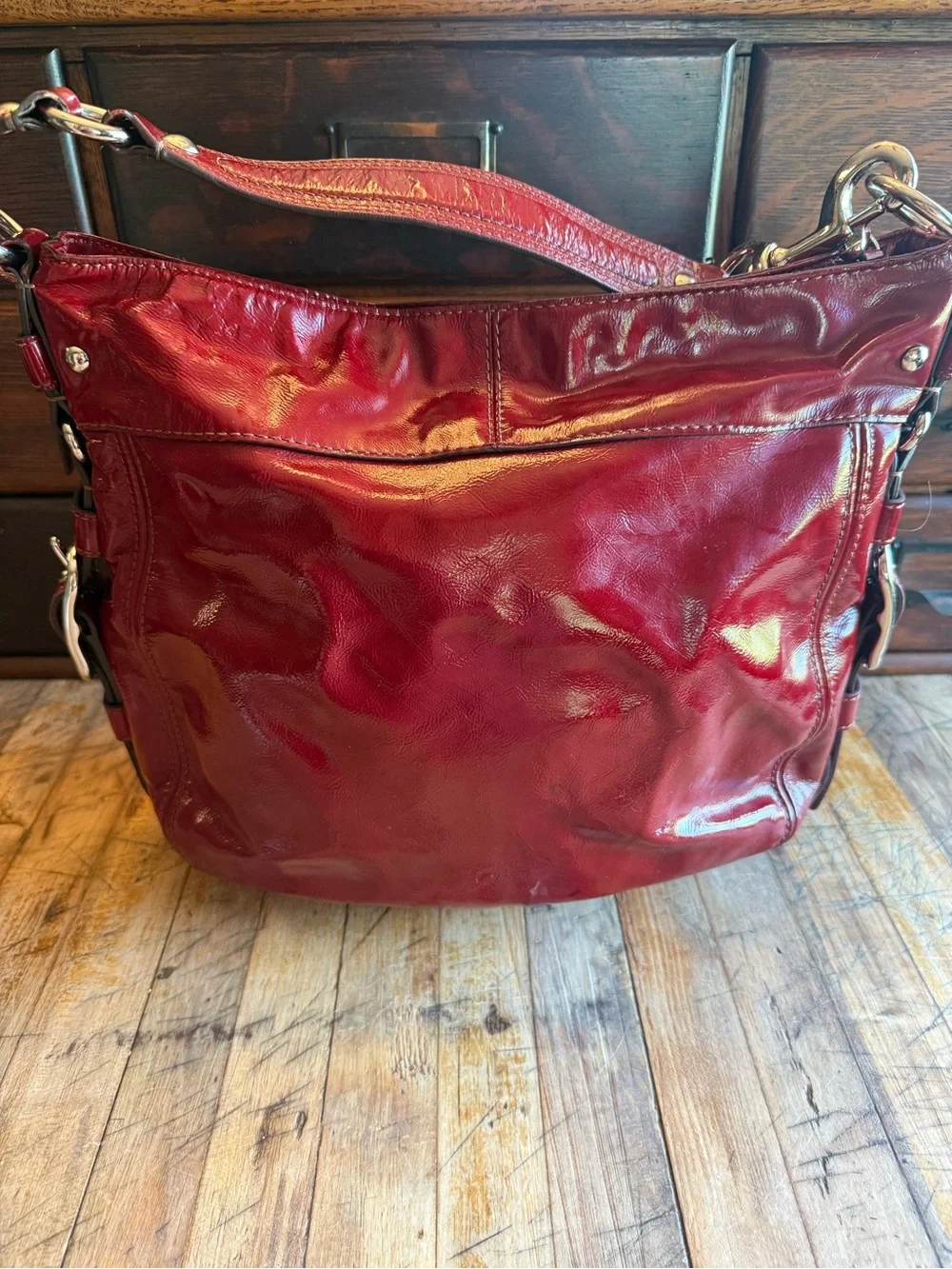 Coach Red Patent Leather Shoulder Bag with Silver Hardware